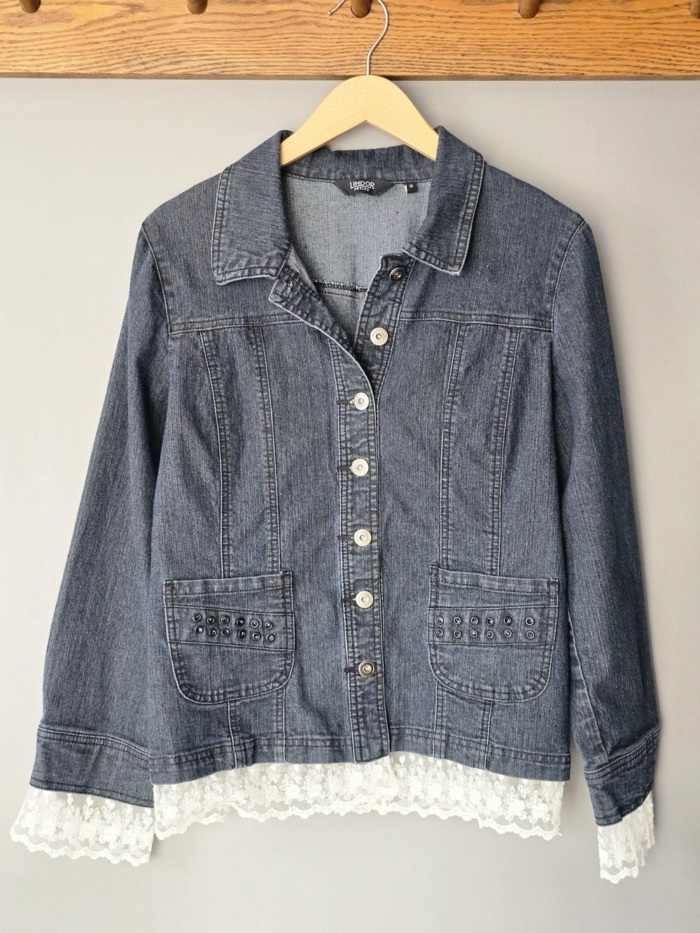 Light Wash Denim Jacket with Upcycled Lace Trim Added